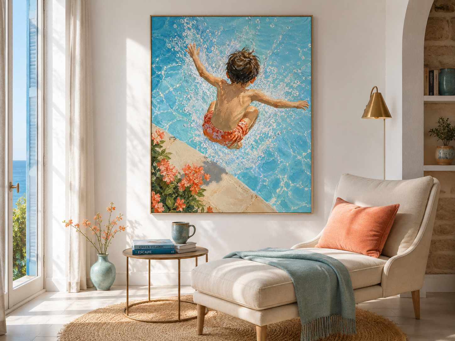 Realistic Impressionist Swimming Pool Art Hand Painted Canvas For Beach House Decor