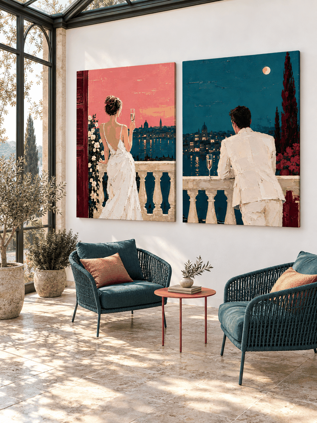 Romantic Couple Cityscape Hand-Painted Canvas Art Set Pink Teal