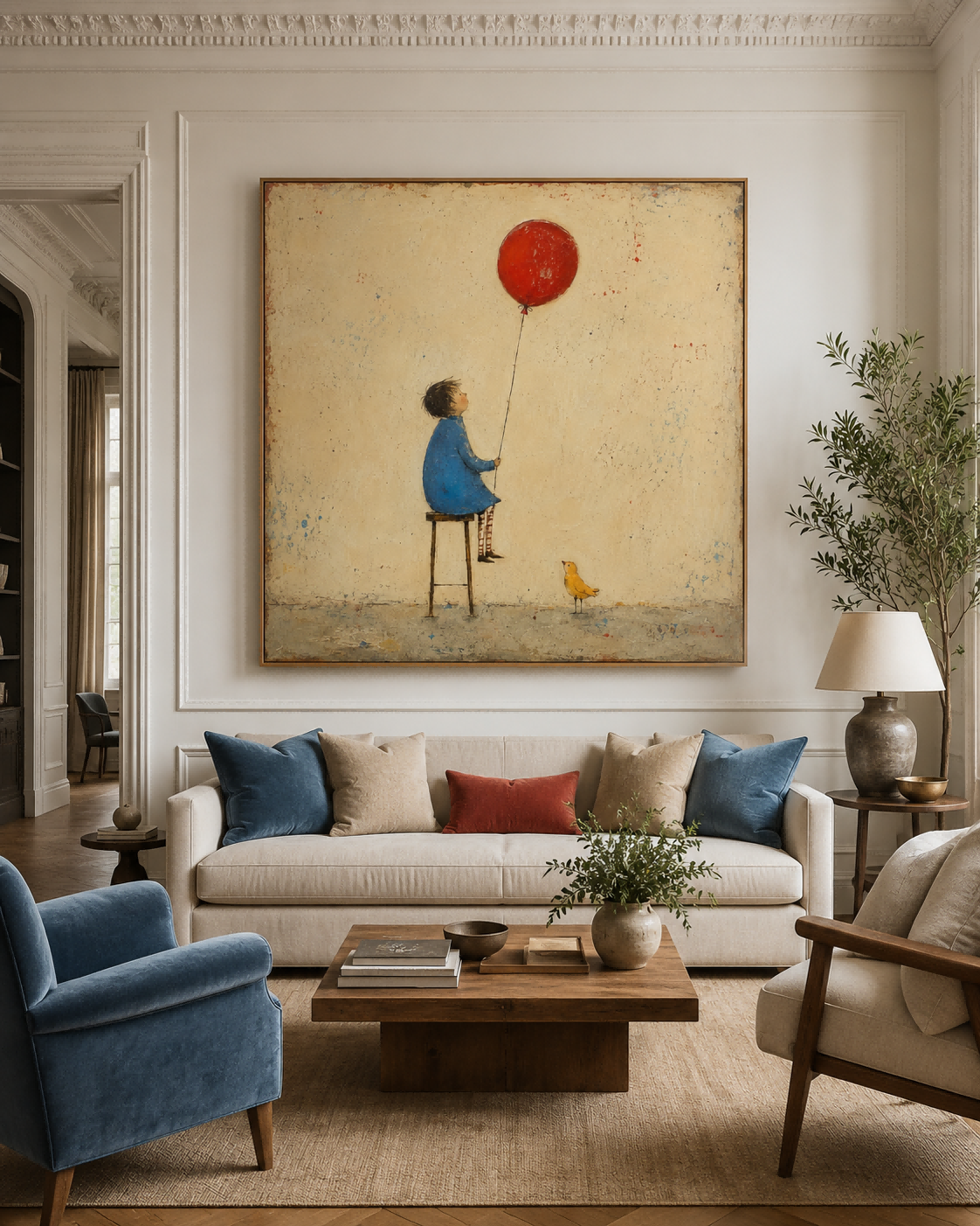 Retro Fairy Tale Illustration Original Canvas Painting Beige Blue Hand-Painted Child With Red Balloon And Bird Vintage Canvas Art