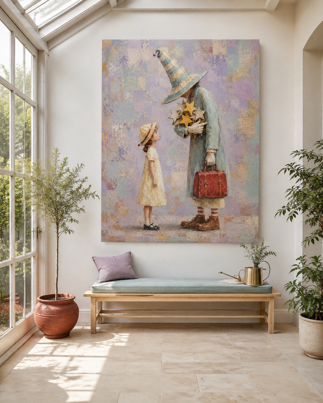Wizard And Girl With Stars Hand-Painted Fantasy Canvas Art In Dreamy Purple