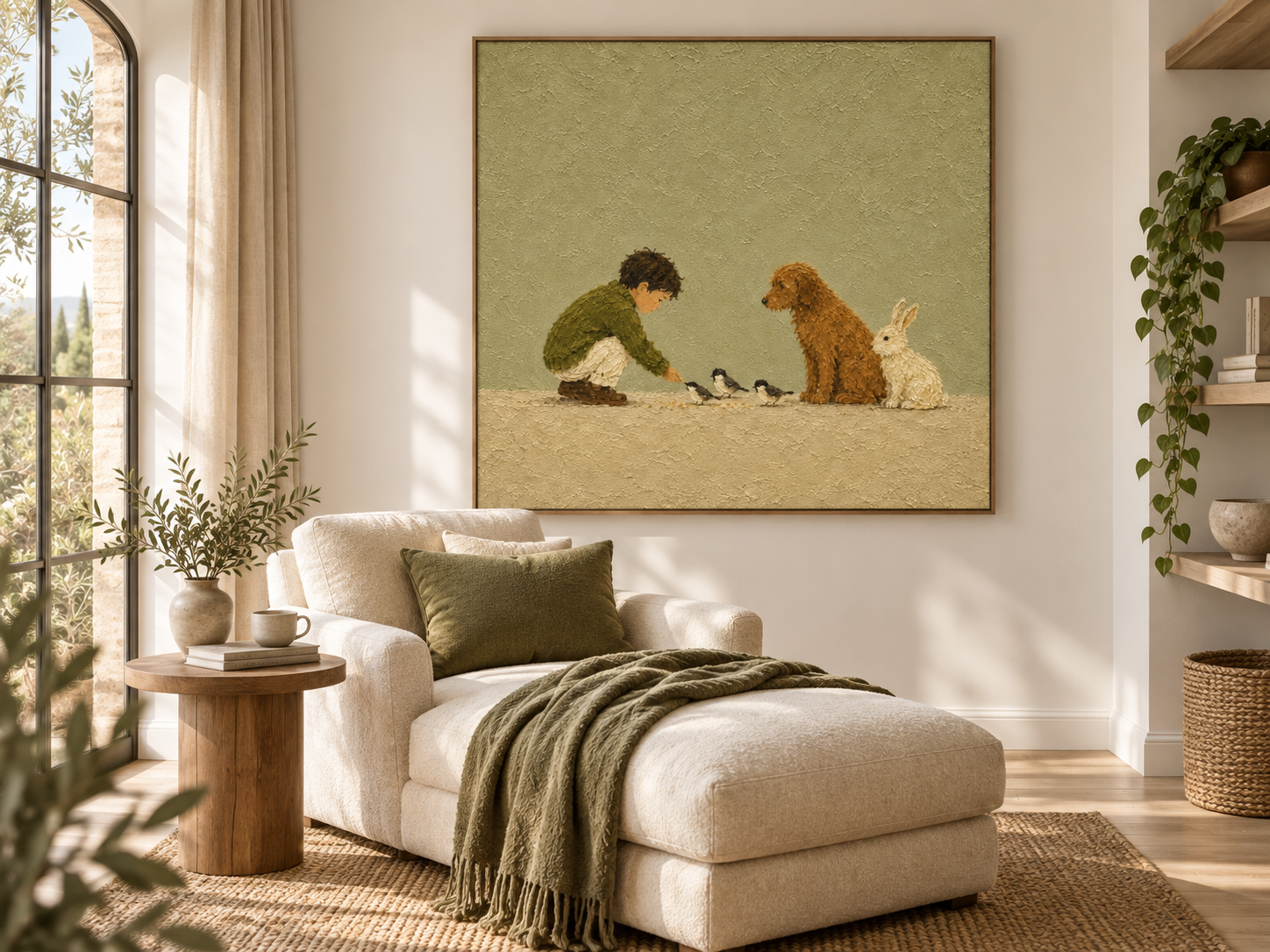 Modern Abstract Storytelling Art With Textured Olive Background