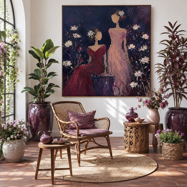Vintage Faceless Women Painting With Flowers In Purple And Red For Bedroom Wall Art Decor