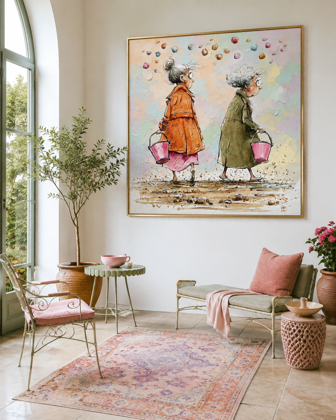 Square Wall Art For Living Room Featuring Whimsical Beach Scene With Two Ladies