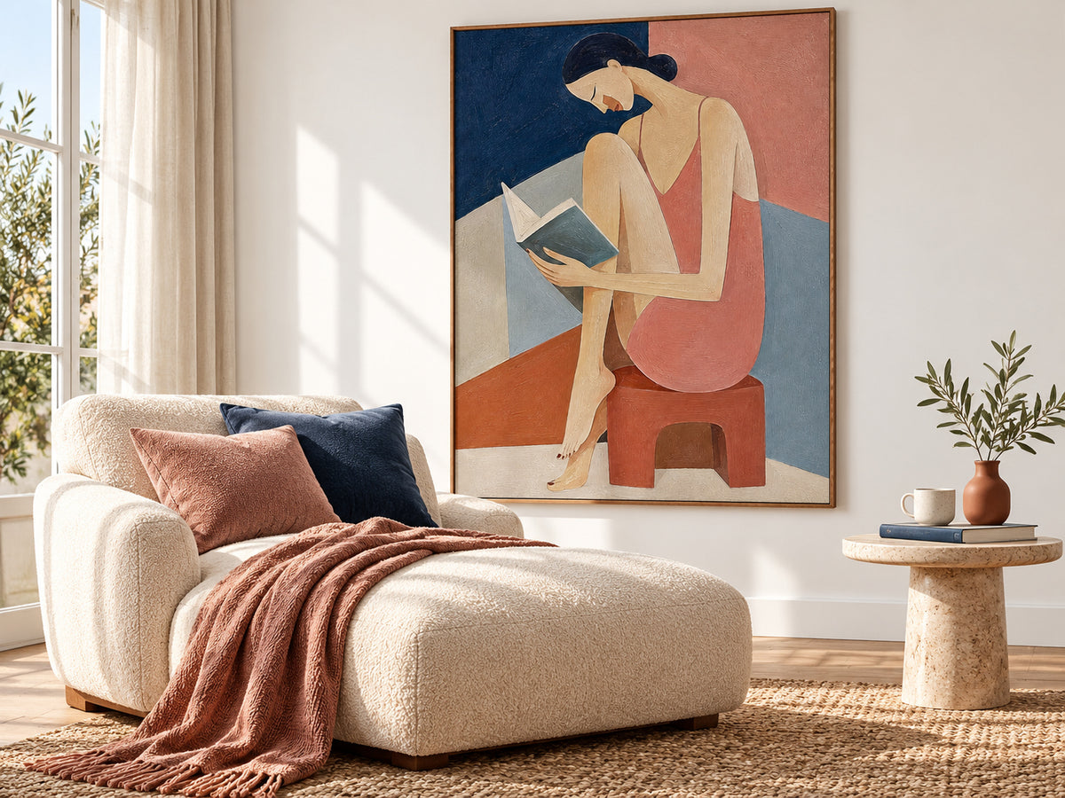 Woman Reading Portrait In Pink And Blue Hand-Painted Modern Canvas Art