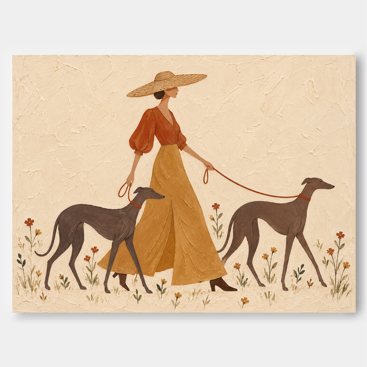 Vintage Woman With Dogs Canvas Painting Abstract Pastoral Art Beige