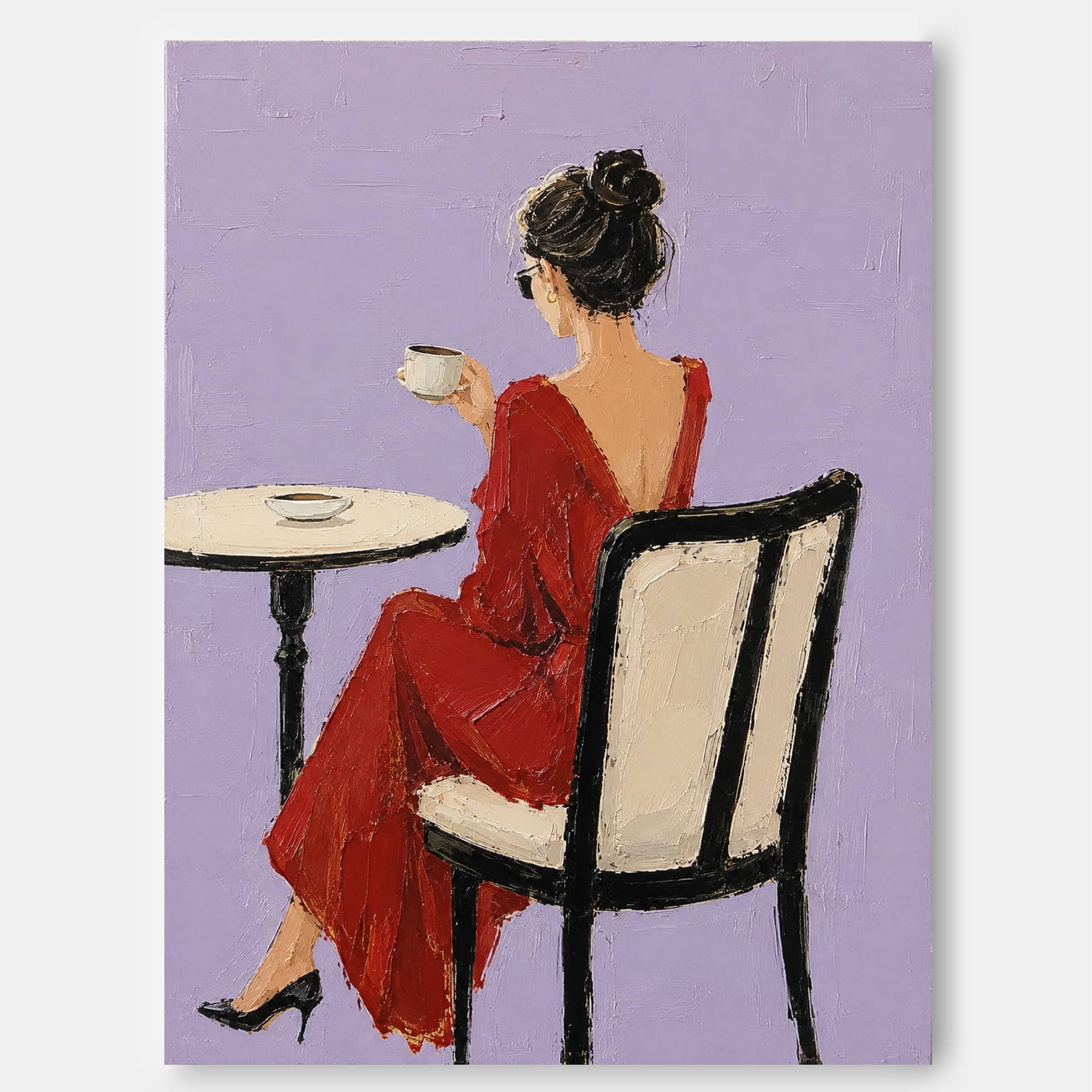 Elegant Red Dress Woman Painting Minimalist Purple Background Impasto Oil Art For Living Room Decor