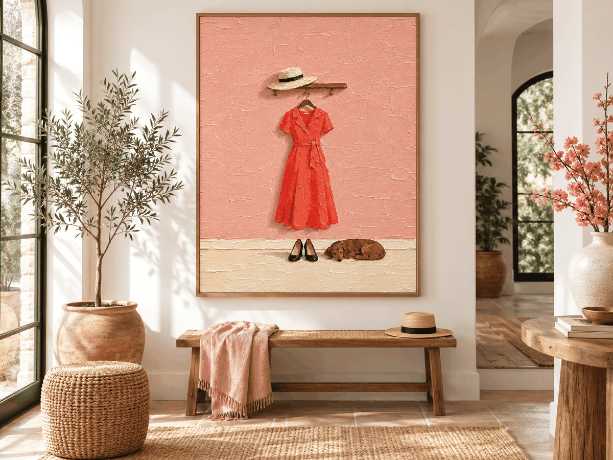 Red Dress And Dachshund Hand-Painted Canvas Art With Textured Pink Wall