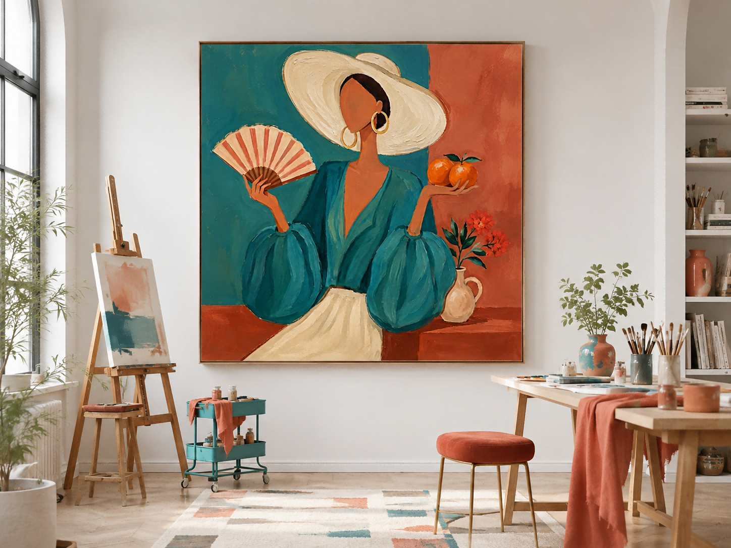 Exotic Lazy Afternoon Oil Painting Of Woman With Fan And Oranges For Lounge Wall Art