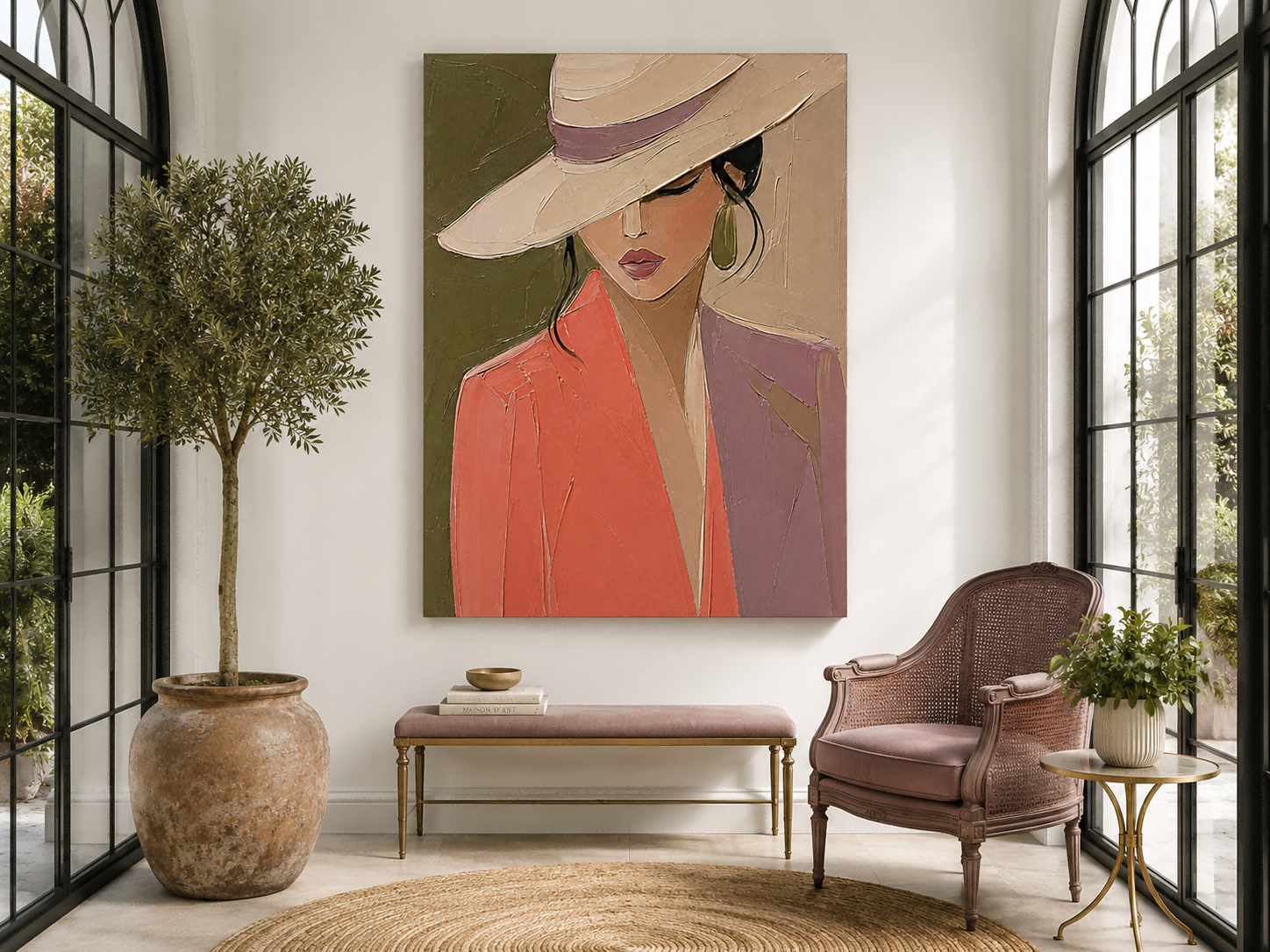 Modern Abstract Woman Portrait Painting With Hat Impasto Texture Square Canvas Art For Living Room