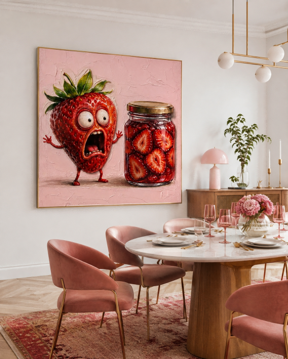 Surreal Strawberry Character Art With Abstract Elements Hand Painted Canvas For Playful Living Room And Dining Area Design