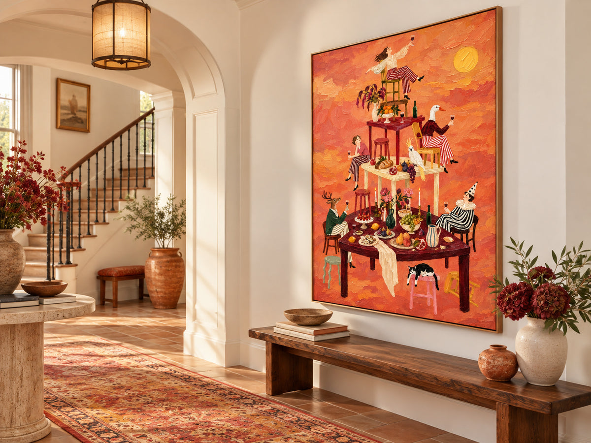 Surreal Animal Banquet Hand-Painted Canvas Art With Orange Sunset