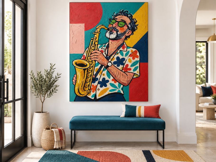 Modern Pop Art Canvas Painting Of A Bearded Man With Glasses Playing Sax In Retro Style