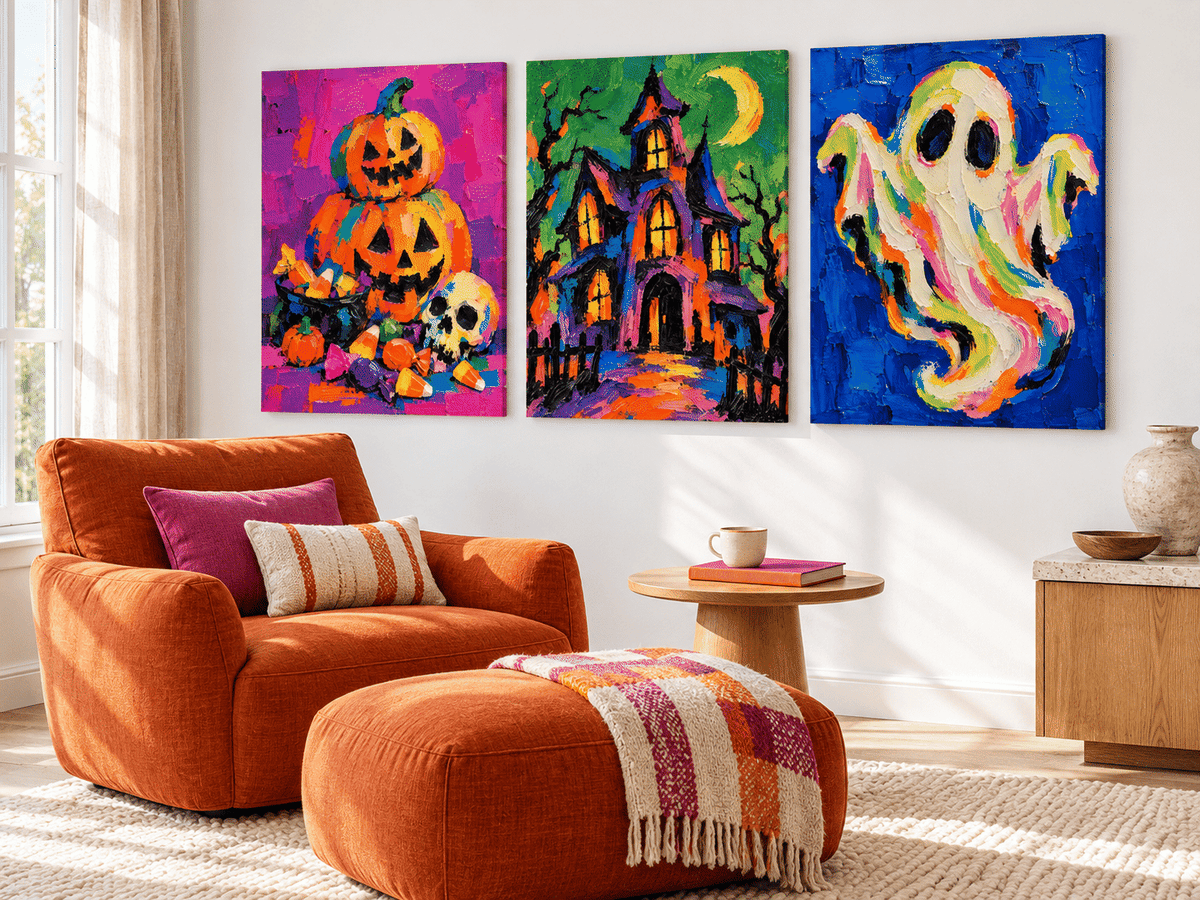 3P Hand-Painted Halloween Pumpkin Ghost Haunted House Canvas Art Set