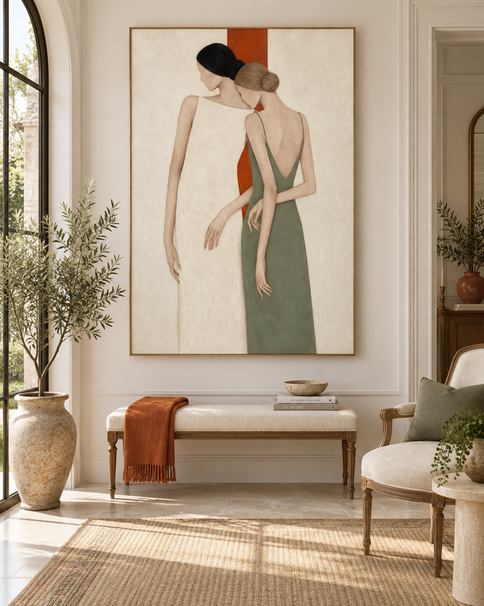 Minimalist Two Women Portrait Hand-Painted Canvas Art In Beige And Green