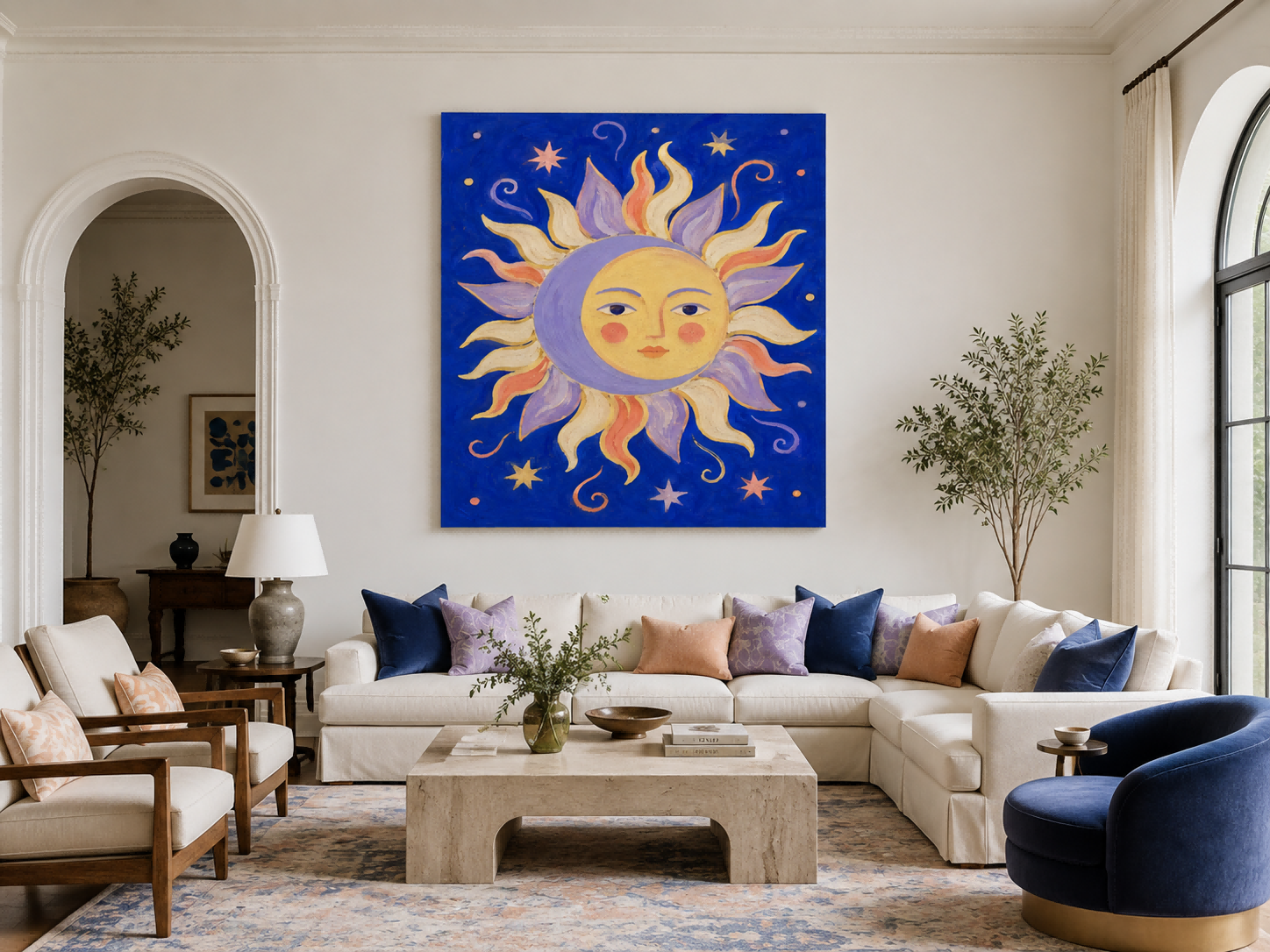 Art Deco Inspired Fantasy Sun Moon Painting With Cosmic Theme