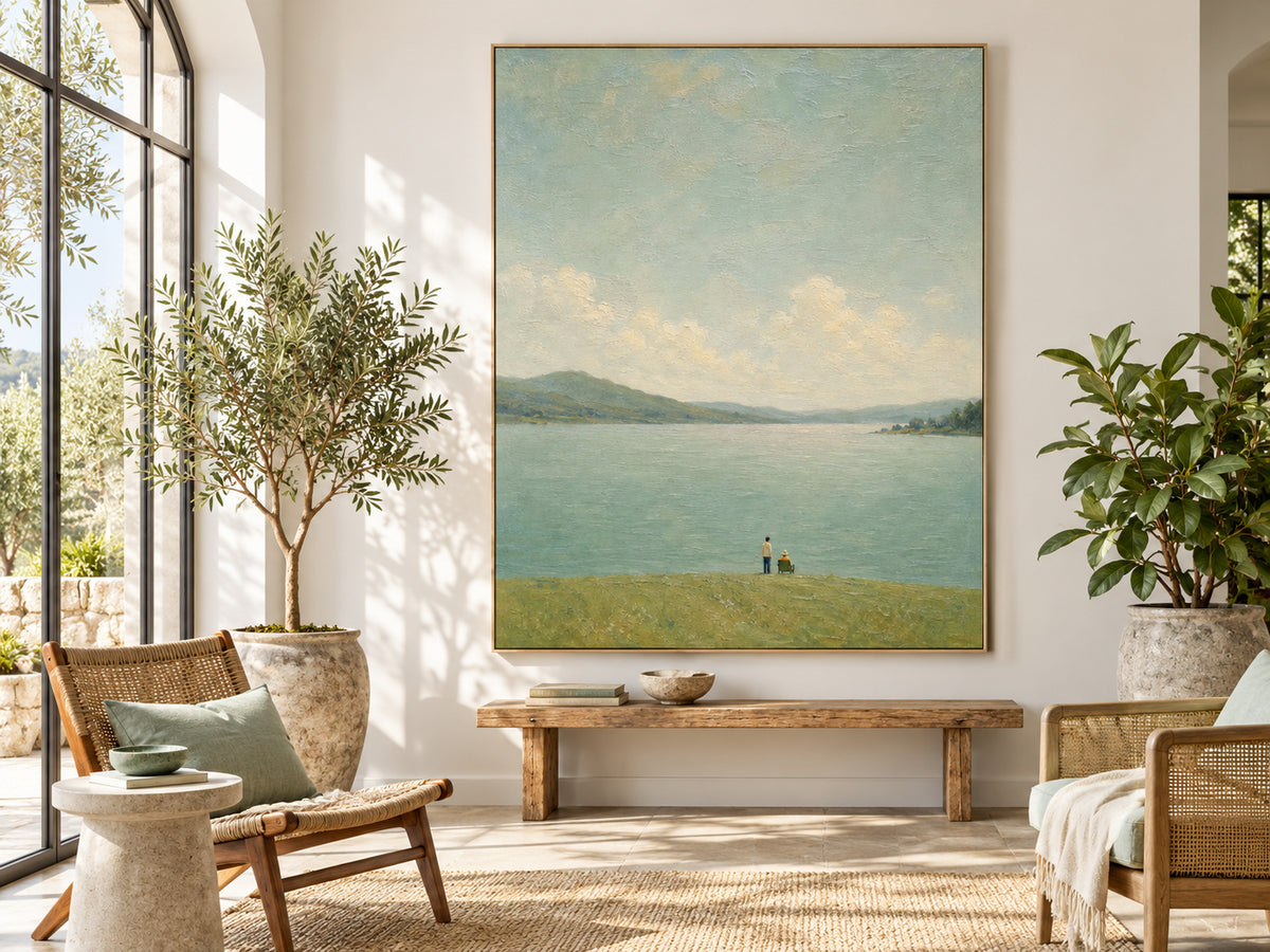 Serene Lakeside Couple Gazing At Distant Mountains Hand-Painted Canvas Art