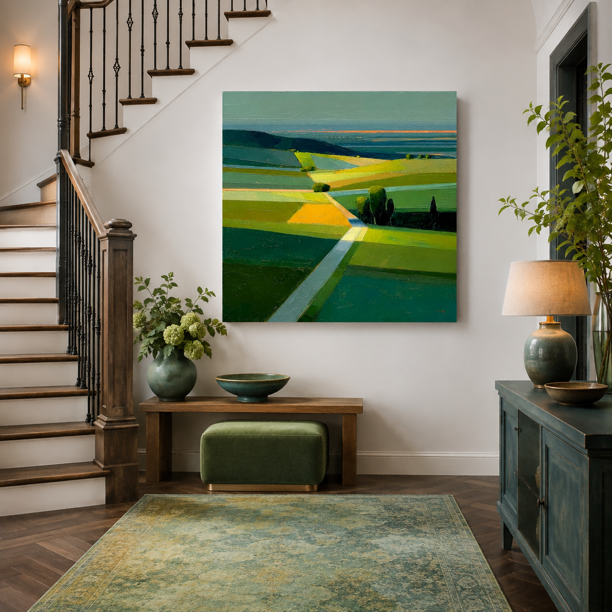 Modern Abstract Landscape Oil Painting With Textured Green And Orange Fields For Contemporary Home Decor