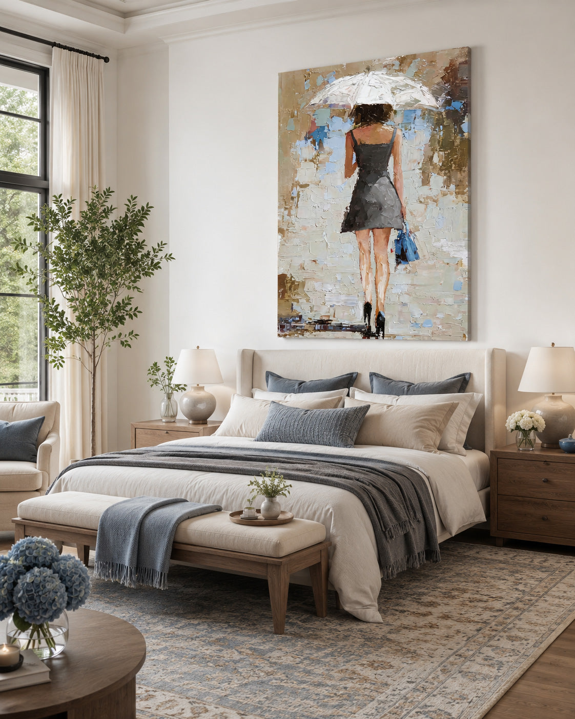 Romantic Urban Scene Oil Painting Silhouette Of Lady In Rain For Bedroom