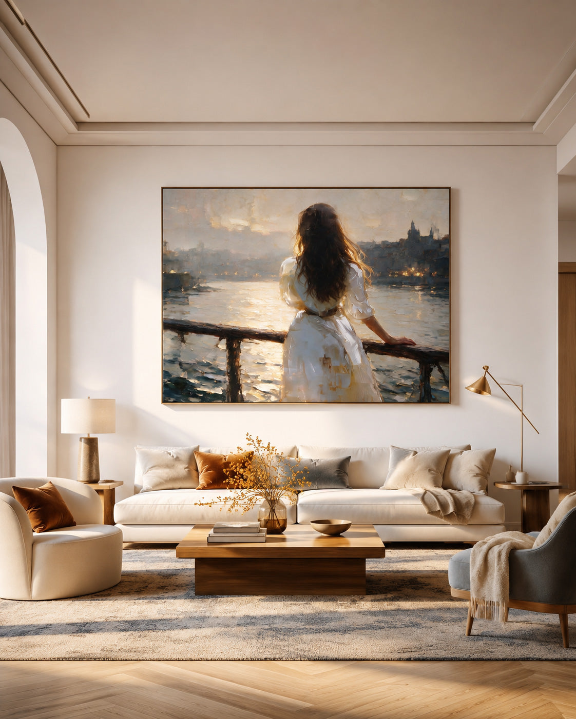 Impressionist Style Canvas Art Of Woman Gazing At City Lights By Water