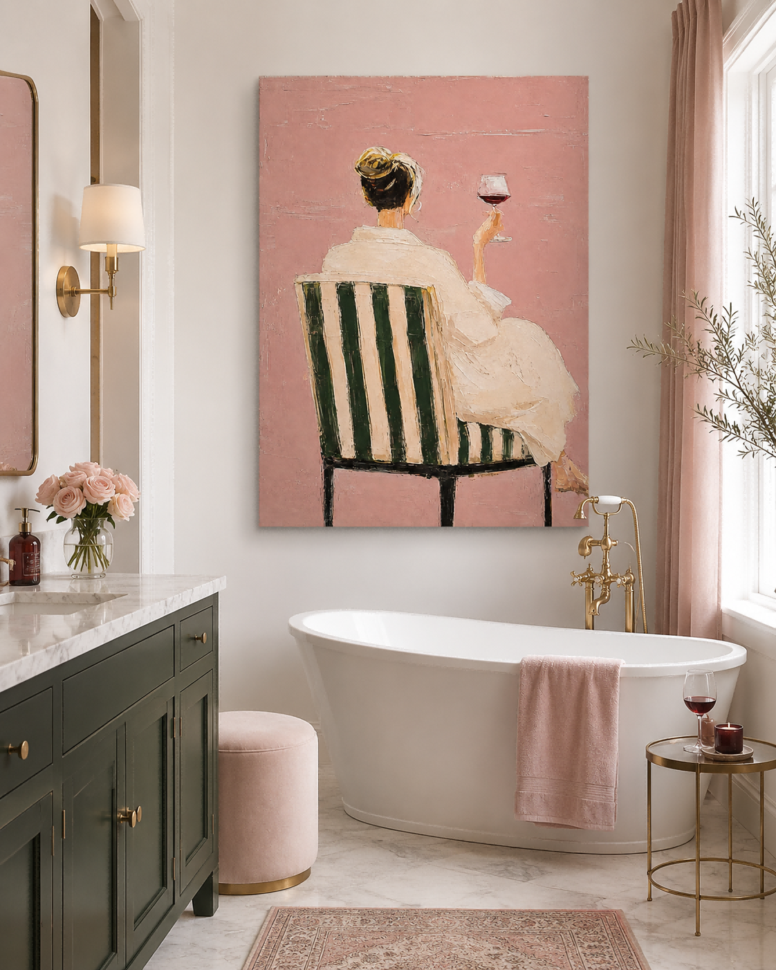 Modern Impressionist Canvas Painting Textured Pink And Green Abstract Figure Art For Sale