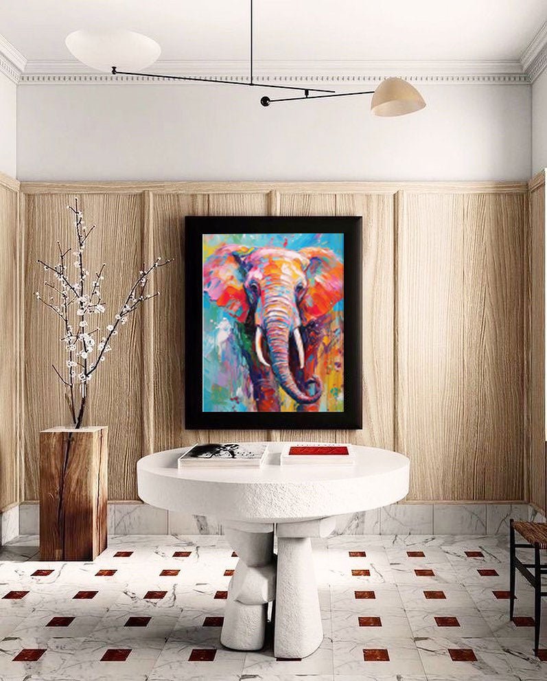 Bright Colorful Elephant Oil Painting Textured Canvas Wall Art Modern Animal Oil Painting Impressionist Home Decor