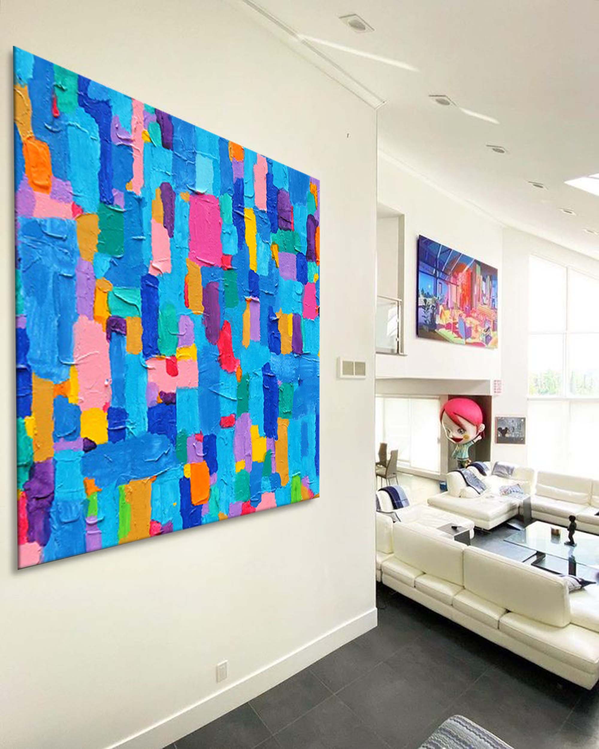 Colorful Modern Wall Art Large Abstract Oil Painting On Canvas Original Blue Acrylic Painting For Living Room