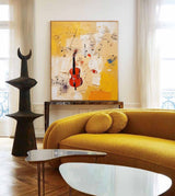 Original Violin Notes Abstract Wall Art Bright Modern Oil Painting Canvas Large Yellow Oil Painting for Home Decor