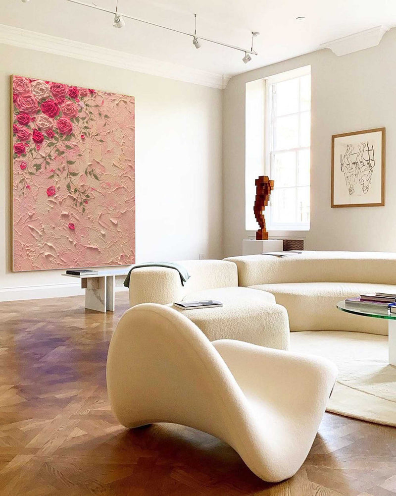 Large Texture Pink Flowers Acrylic Painting On Canvas Original Pink Flowers Wall Art Modern Minimalist Oil Painting Living Room Home Decor 