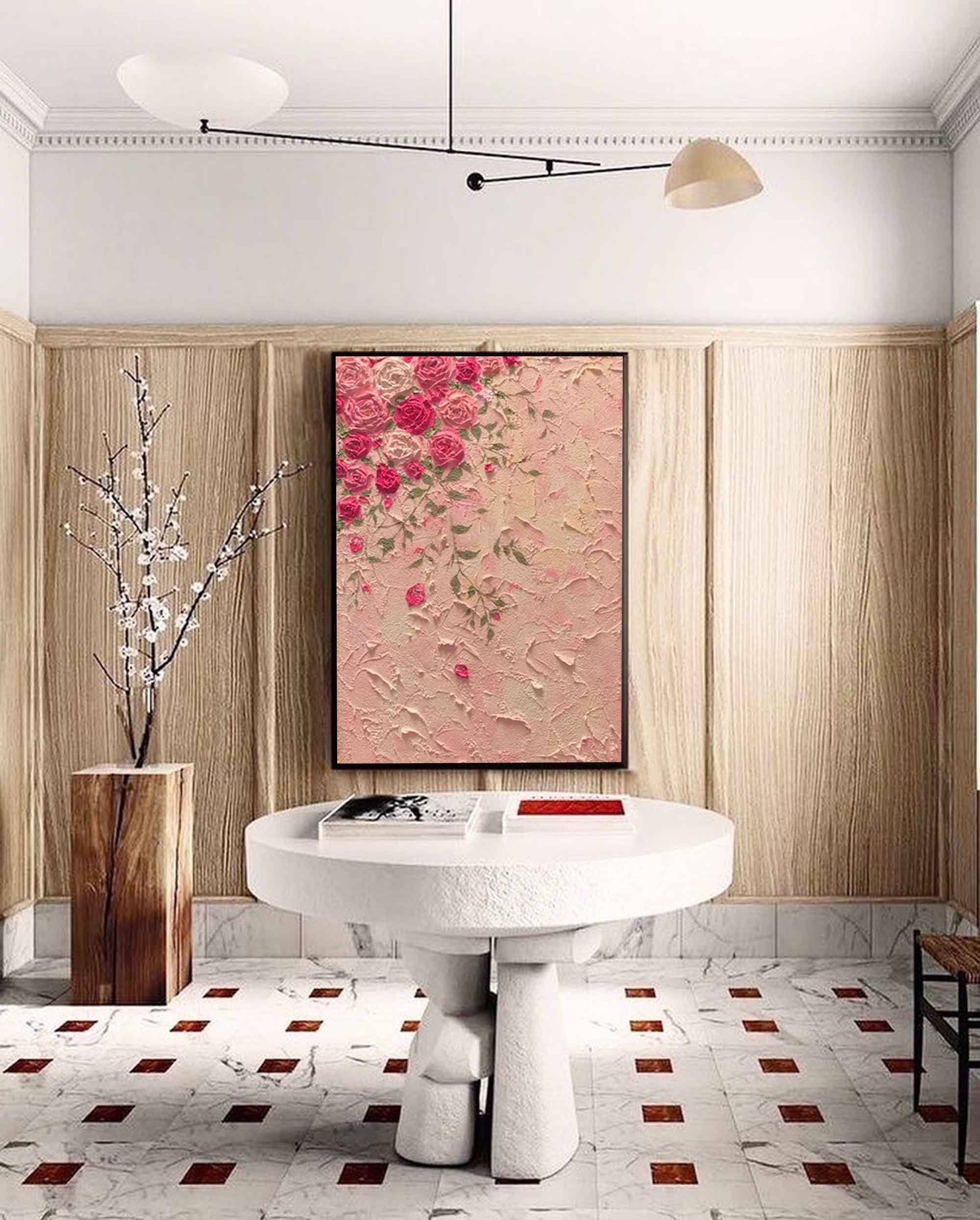 Large Texture Pink Flowers Acrylic Painting On Canvas Original Pink Flowers Wall Art Modern Minimalist Oil Painting Living Room Home Decor 