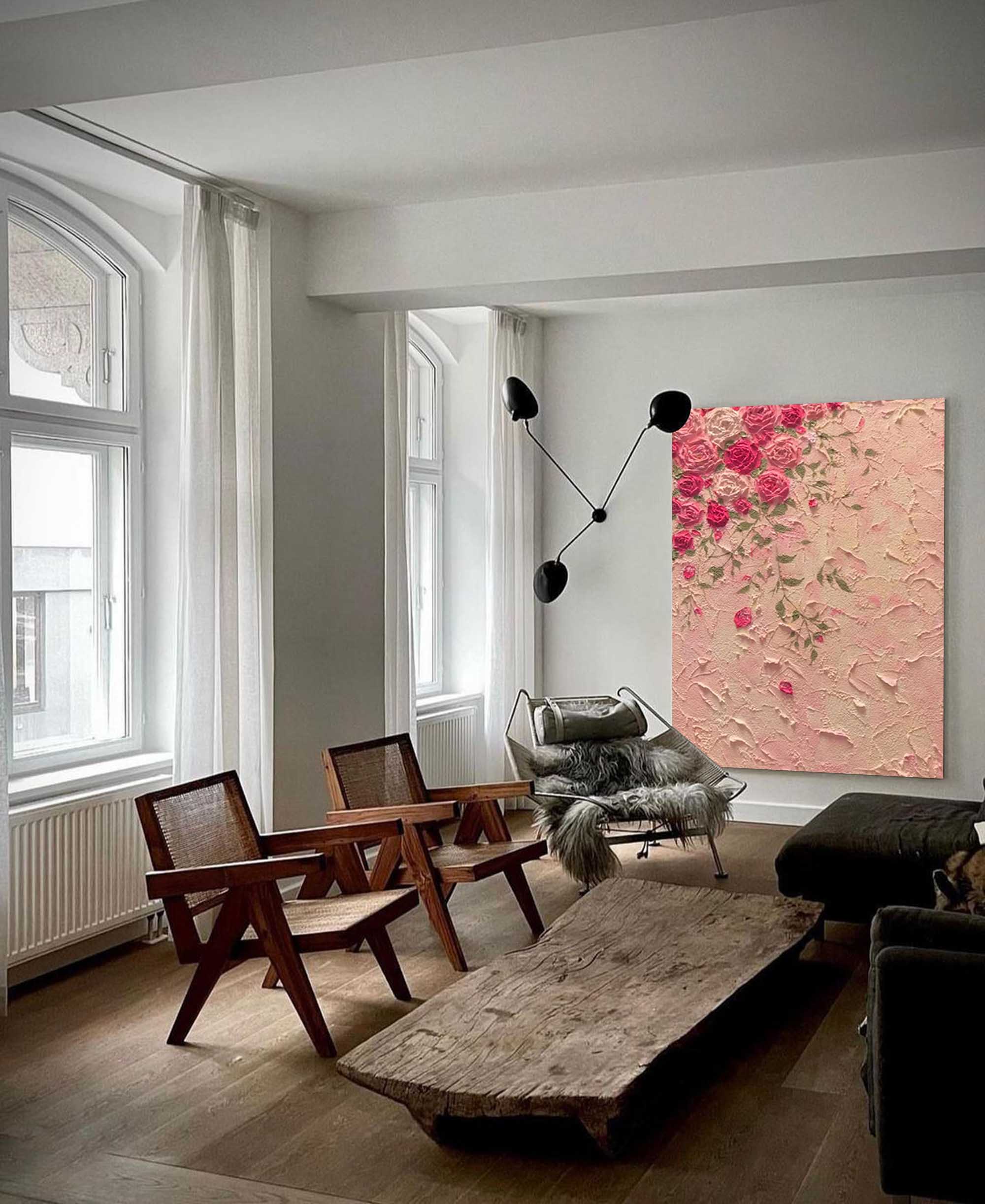 Large Texture Pink Flowers Acrylic Painting On Canvas Original Pink Flowers Wall Art Modern Minimalist Oil Painting Living Room Home Decor 