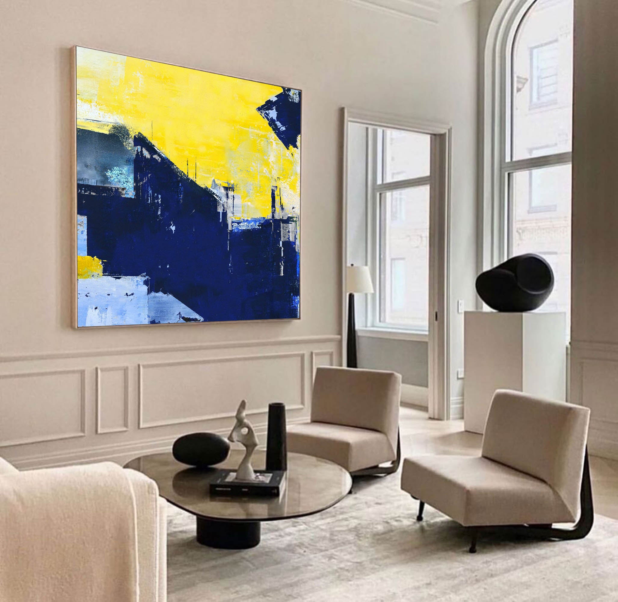 Blue And Yellow Original Abstract minimalist Oil Painting Abstract Acrylic Painting Large Wall Art Modern Art For Living Room On Sale