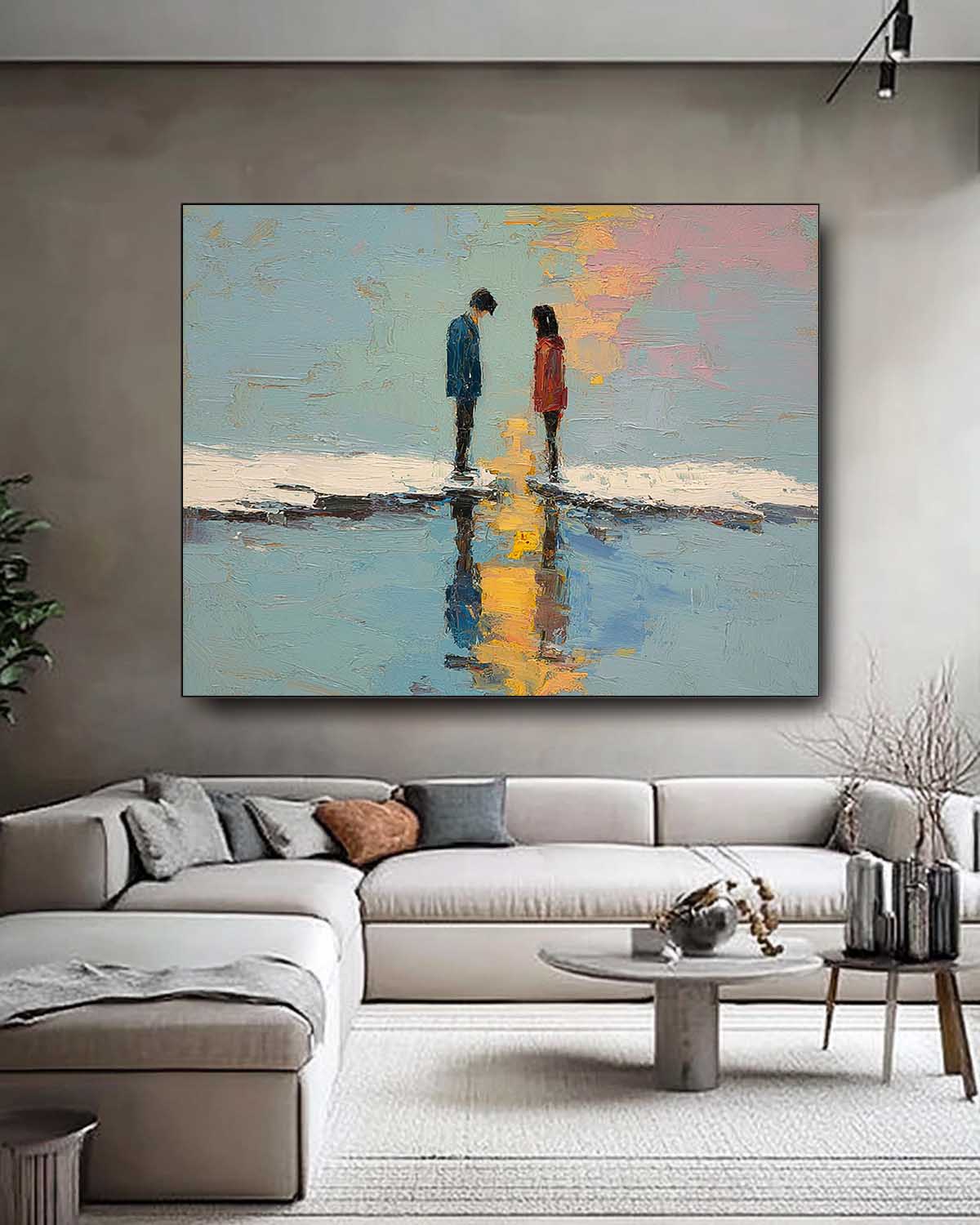 Abstract Couple Palette Knife Painting Sunset Water Reflection Wall Art Large Impressionist Canvas for Living Room