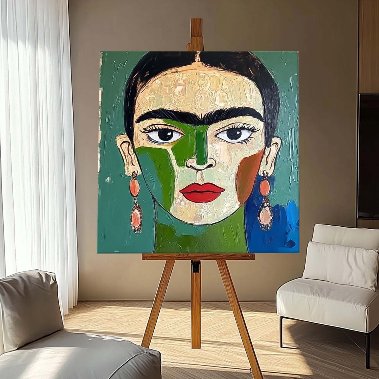 Origina Figure Acrylic Painting Canvas Green Face Abstract Wall Art Square Large Portrait Artwork