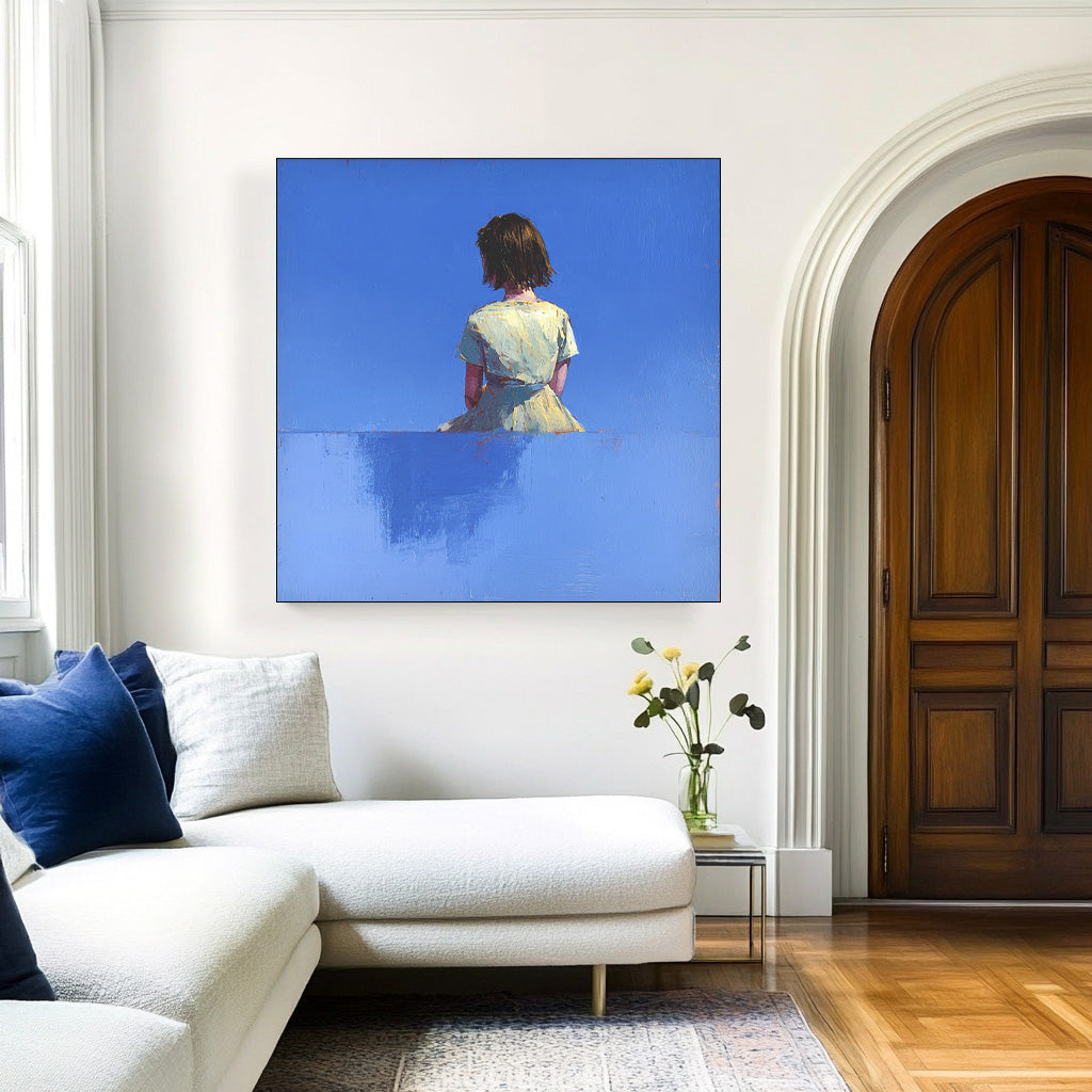 Abstract Warm atmosphere Art Minimalist Girl Back View Painting Original Blue Wall Art For Living Room