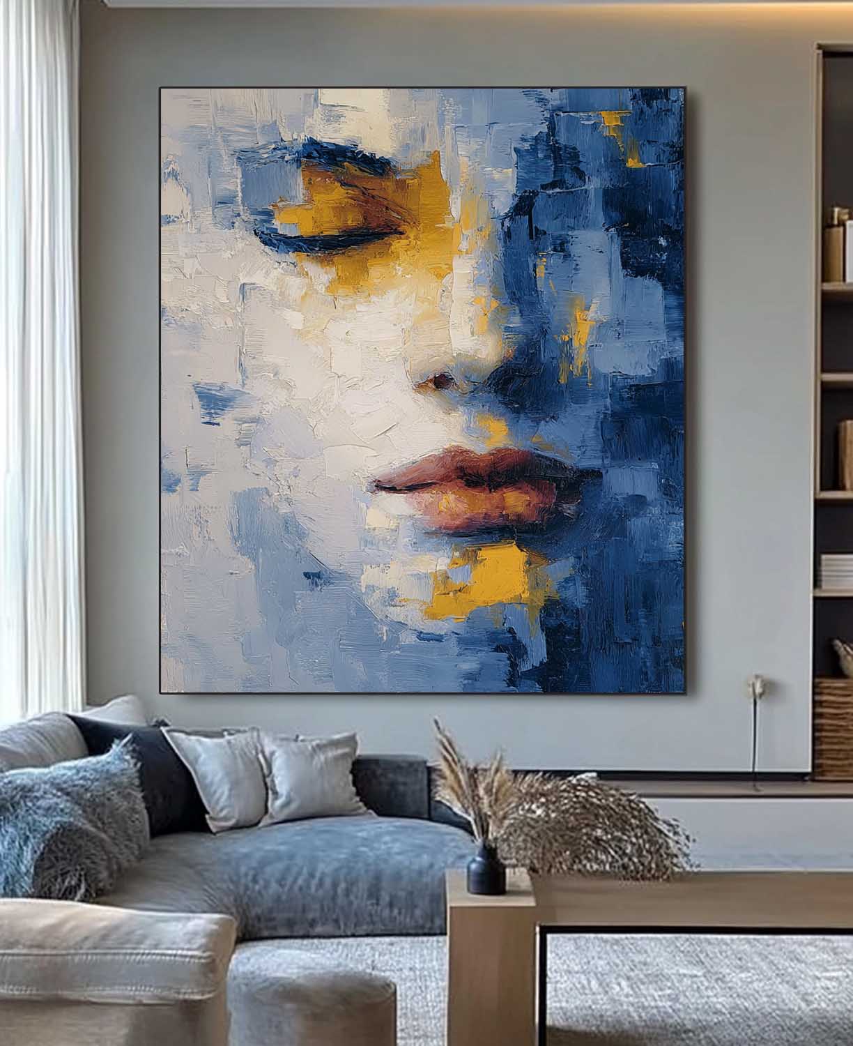 Contemporary Minimalist Face Artwork Abstract Portrait Painting Modern Blue & Gold Toned Impasto Wall Art