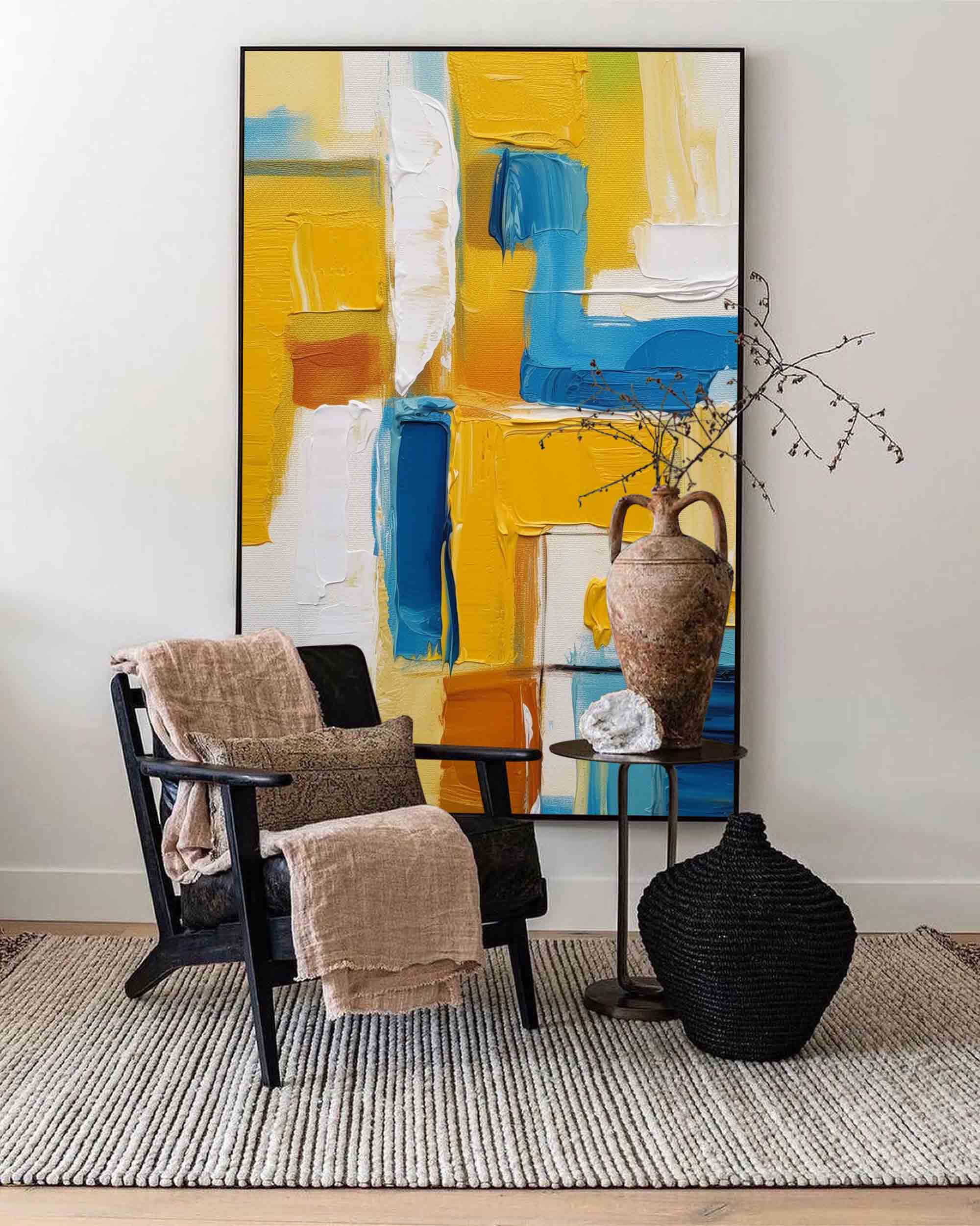 Vibrant Yellow and Blue Acrylic Painting Large Modern Abstract Wall Art Original Geometric Canvas Oil Painting Home Decor