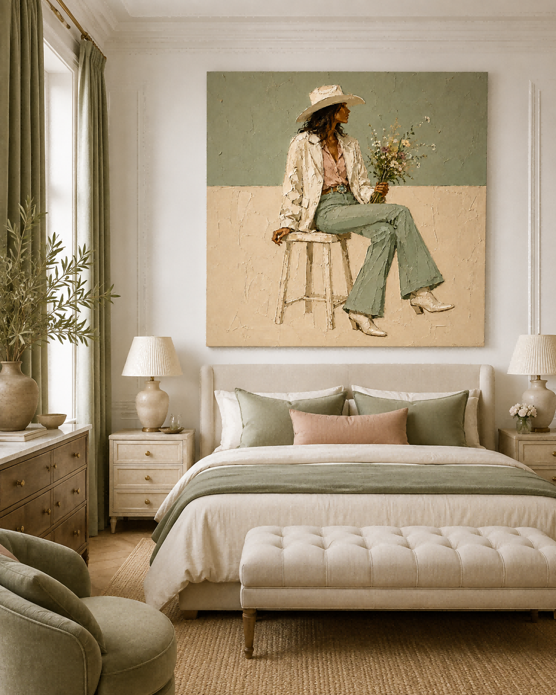 Stylish Cowboy Woman Portrait With Wildflowers In Sage Green And Beige Tones For Modern Farmhouse Decor