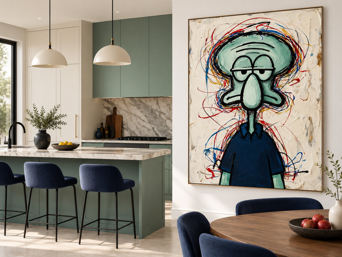 Hand-Painted Squidward Portrait With Colorful Graffiti Lines On Canvas