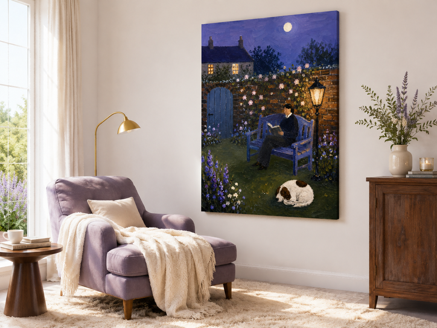 Moonlit Garden Reader With Sleeping Dog Hand-Painted Canvas Art