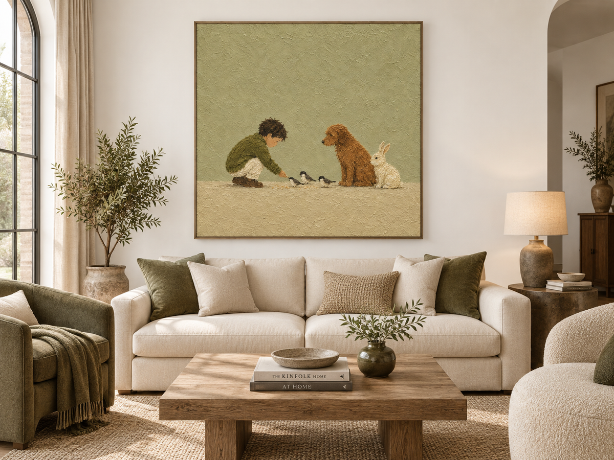 Modern Abstract Storytelling Art With Textured Olive Background