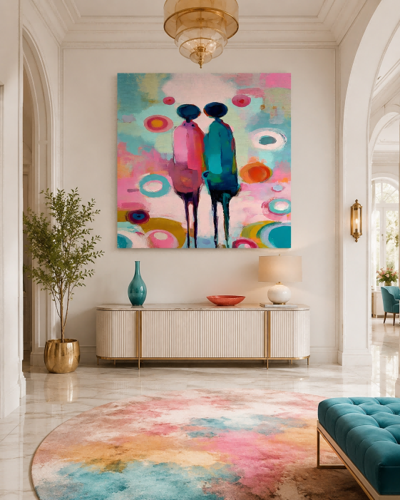 Romantic Wall Art Decor Abstract Pink And Teal Painting For Bedroom Or Lounge