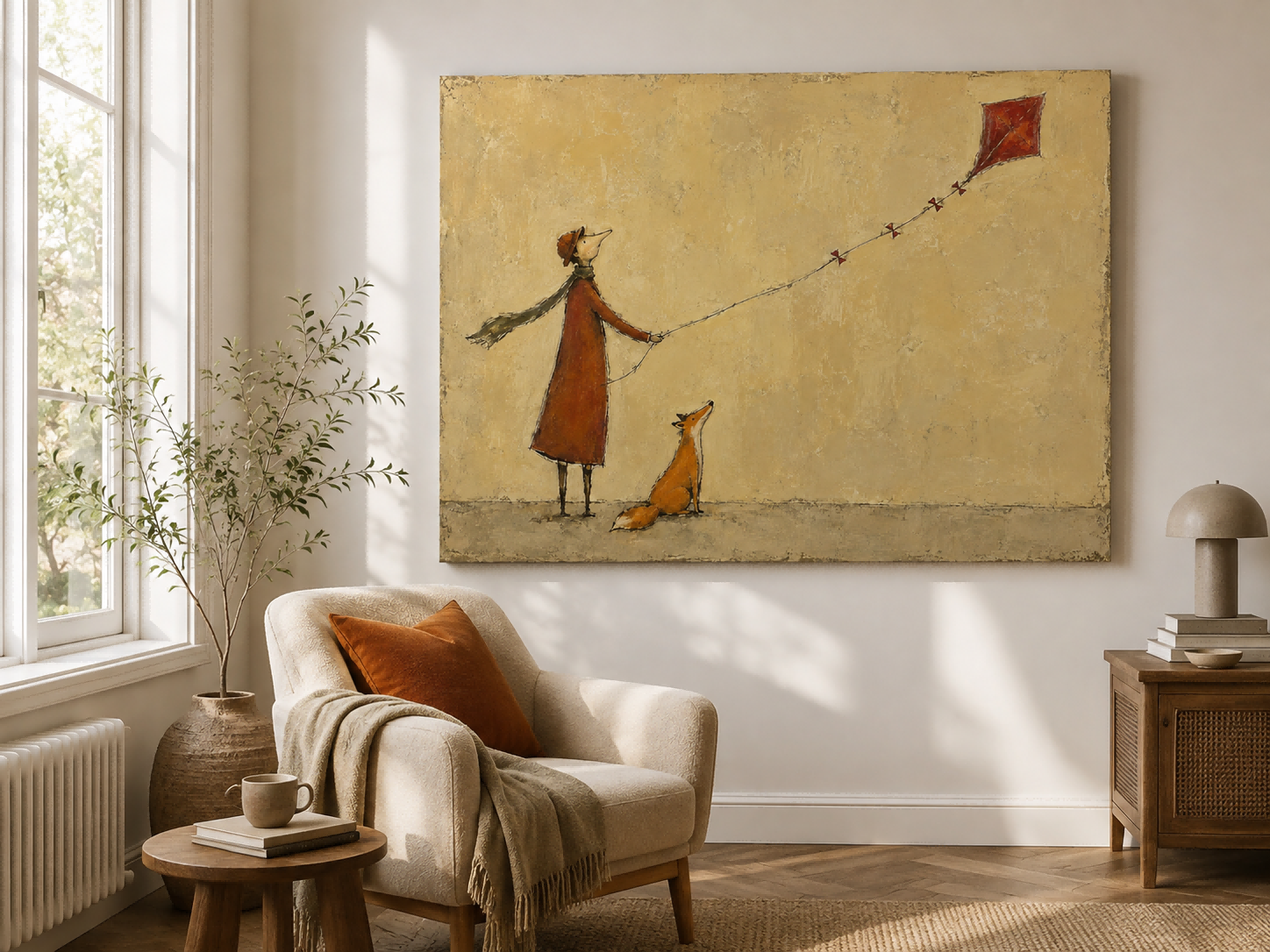 Hand-Painted Fox And Person With Red Kite Canvas Art For Home