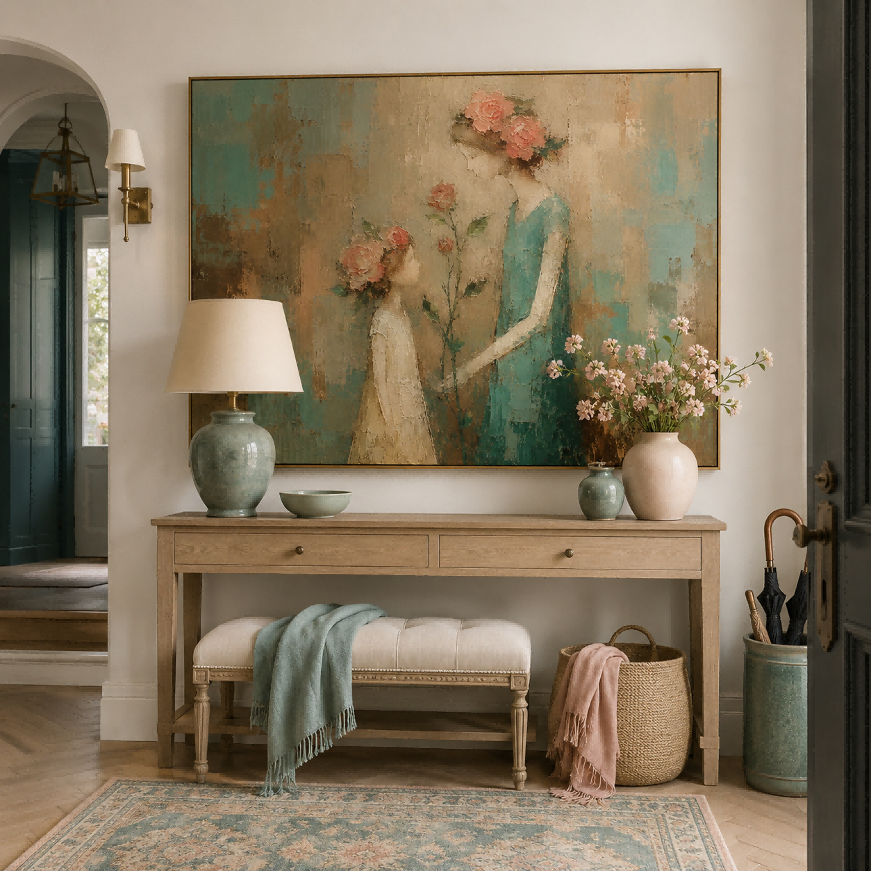 Hand Painted Impasto People Art With Soft Pink Flowers In Retro Style For Bedroom And Lounge Walls