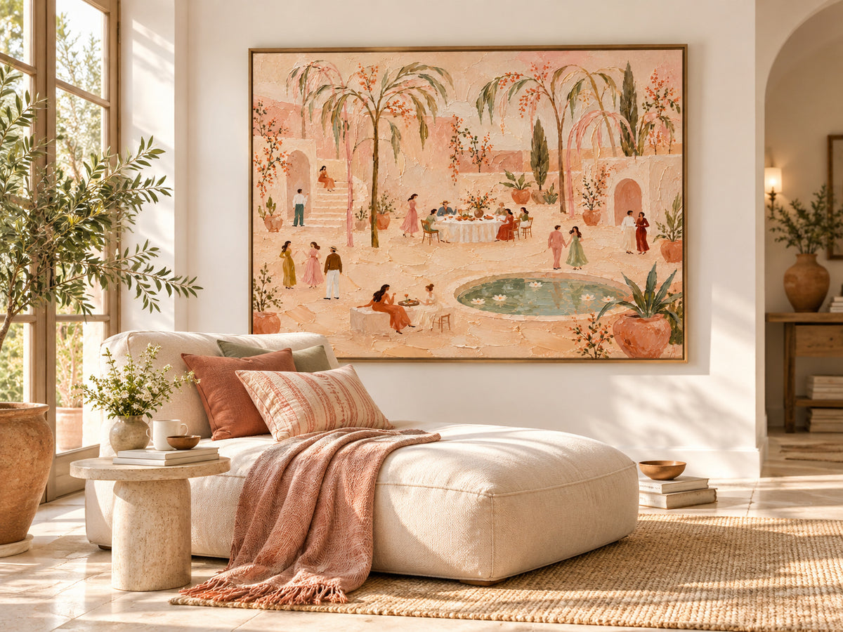 Vintage Moroccan Style Painting With Soft Pink And Green Tones