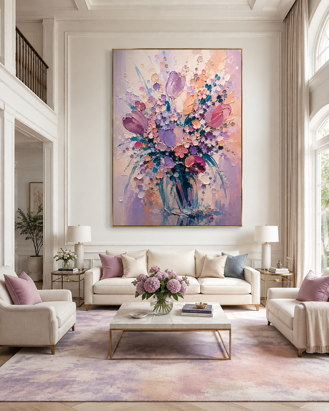 Abstract Tulip Flower Bouquet Hand-Painted Canvas Wall Art In Lavender And Pink