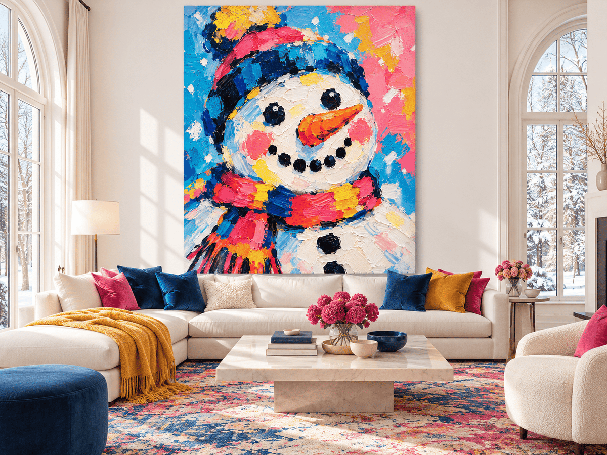 Modern Naive Art Snowman Painting High Saturation Pink Blue Yellow Textured Original Art