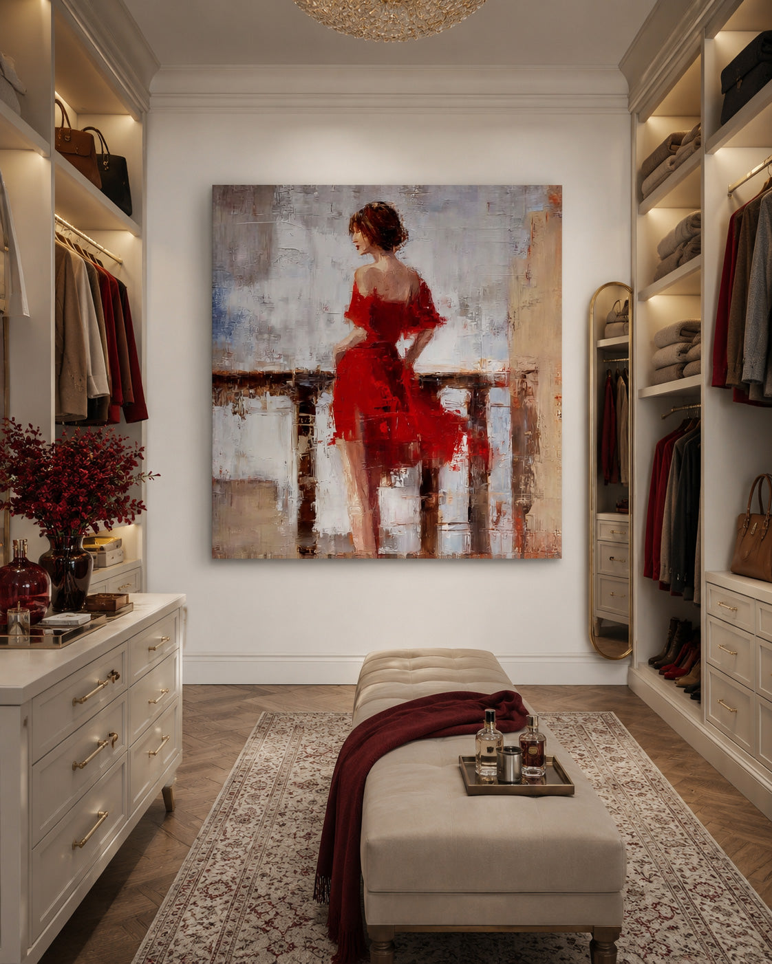 Vintage Style Red Dress Woman Painting Original Square Canvas Art For Living Room Decor