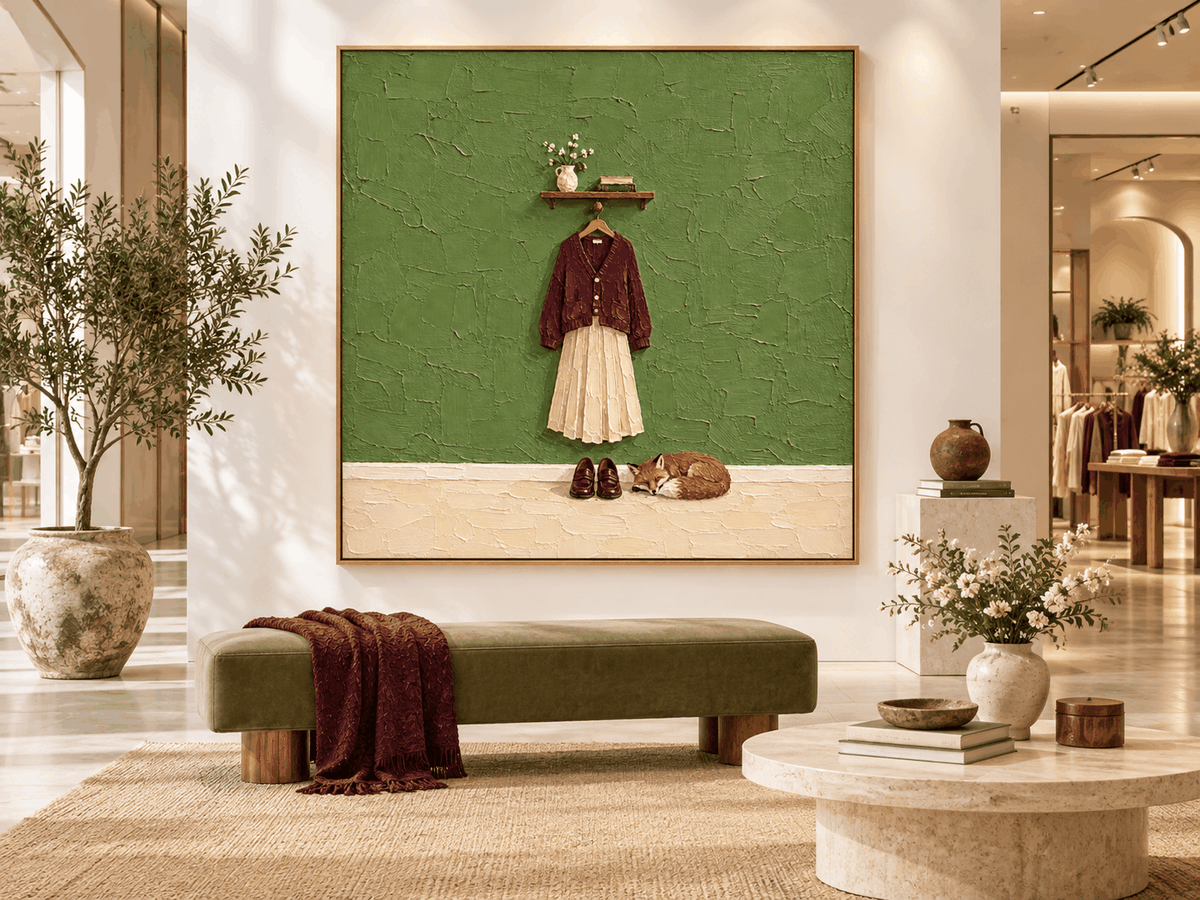Sleeping Fox And Burgundy Cardigan Hand-Painted Canvas Art With Green Textured Background