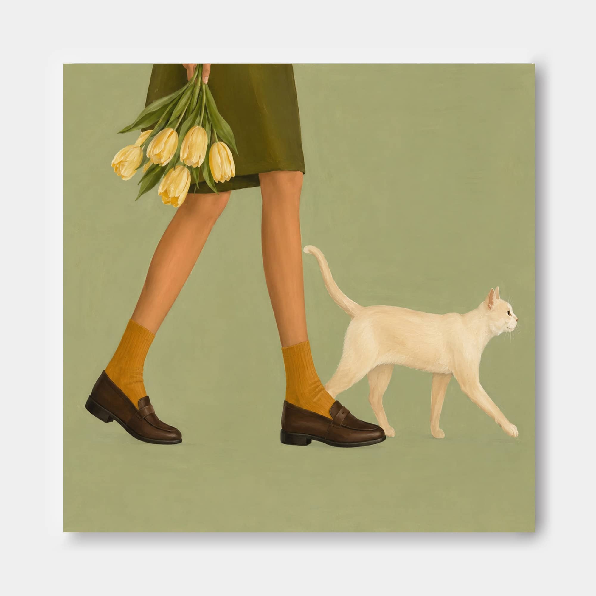 Minimalist Figurative Oil Painting Of Daily Life Moments Woman With Tulips And Cat Hand-Painted Canvas Art