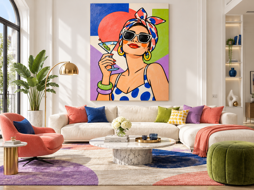 Pop Art Woman With Martini Glass Hand-Painted Canvas Wall Art